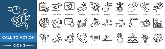 Call to Action icon. Action Plan, Urgent Request, Prompt Response, Direct Appeal, Immediate Action, Engage Now, Quick Decision and Instant Response vector