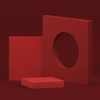 3d squared red podium pedestal showcase with geometric wall background realistic vector