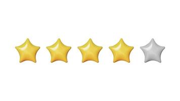 3D Five stars, glossy yellow and gray colors. Customer rating feedback concept. Realistic design elements in plastic cartoon style isolated on white background. illustration vector