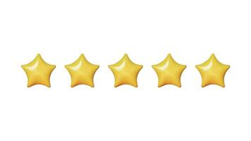 3D Five stars, glossy yellow colors. Customer rating feedback concept. Realistic design elements in plastic cartoon style isolated on white background. illustration vector