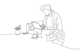 Continuous one line drawing of man working with laptop on sofa, workaholic, urgent work, working late concept, single line art. vector