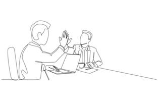 Continuous one line drawing of businessman and colleague giving high five gestures to support business plan, idea support, encouragement in work concept, single line art. vector