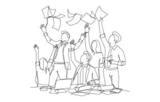 Continuous one line drawing of businesspeople throwing papers into the air to celebrate successful project, teamwork celebration concept, single line art. vector