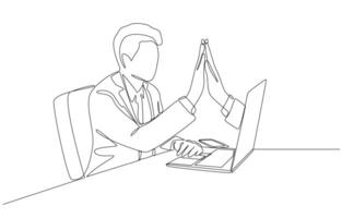 Continuous one line drawing of business colleagues giving high five through laptop screen, virtual high five gesture to agree to work together concept, single line art. vector