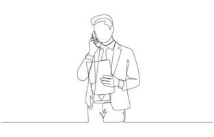Continuous one line drawing of businessman holding document and making phone call, business communication concept, single line art. vector