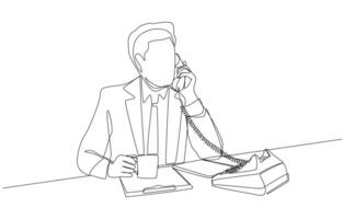 Continuous one line drawing of businessman holding coffee cup and talking with client through office phone, business communication concept, single line art. vector