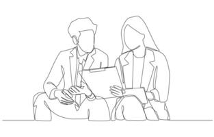 Continuous one line drawing of female office workers holding document to discuss work with male colleague, discussion of work concept, single line art. vector