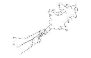 Continuous one line drawing of hands shooting party popper confetti, event celebration concept, single line art. vector