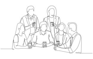 Continuous one line drawing of office workers holding coffee cups and chatting leisurely, coffee break in office concept, single line art. vector