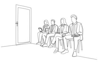 Continuous one line drawing of job applicants waiting outside interview room, job interview concept, single line art. vector