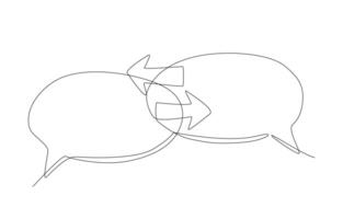 Continuous one line drawing of speech bubbles with arrows in opposite directions, exchange of opinions concept, single line art. vector