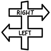 Decorative illustrated outlined signpost right and left arrow direction graphic element. vector