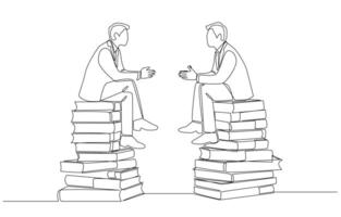 Continuous one line drawing of two businessmen sitting and talking over each pile of books, business knowledge exchange concept, single line art. vector
