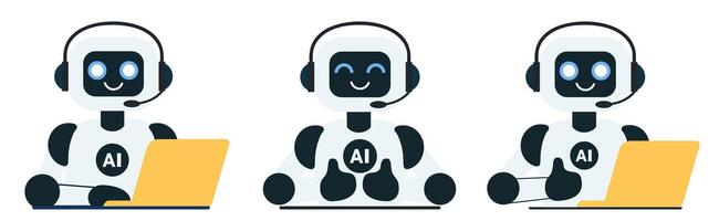 Set of cute chat bot robot with yellow laptop illustrations vector