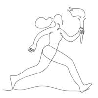 Continuous line illustration of an athletic girl running with a flaming torch vector