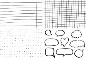 School line, square and dots pattern for kids notebook. Grunge blob speech bubbles for stickers. vector