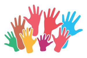 Many hands raised up, multi-colored hands on a white background. People's hands are raised in the air. vector