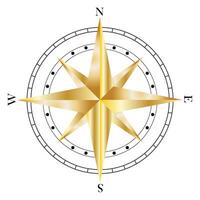Golden compass rose isolated on white background. Background image of a compass in gold color. Navigation arrow symbols. Navigation compass equipment in format vector