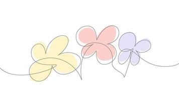 Flowers. One line art drawing. Black lines with green forms on a white background. vector
