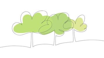 Trees. One line art drawing. Black lines with green forms on a white background. vector