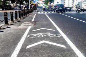 a bicycle way or bike lane on the side of an asphalt road in the city of Surabaya, Indonesia, 20 June 2024. photo