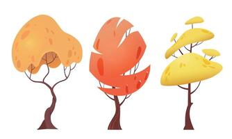 Set of minimalistic autumn trees. Environment design set. Various shaped trees orange, yellow and red leaves. Simple cartoon autumn trees vector