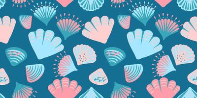 Abstract artistic shapes sea shells seamless pattern on a turquoise background. Creative summer ocean marine printing. hand drawing sketch.Template for designs, notebook cover, wrapping paper vector
