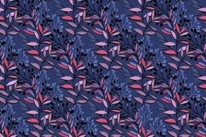 Abstract artistic jungle pattern with unique branches, leaves, leaf pattern on a dark blue background. Creative colorful botanical contemporary seamless printing. hand drawing illustration. Design vector