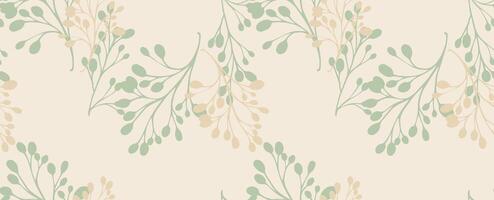 Pastel minimalist pattern with green abstract shapes branches on a light beige background. hand drawing sketch. Plain unique floral stems intertwined in a seamless print. Design vector