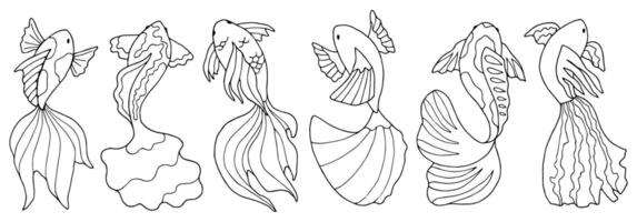 Set of graphic fish. Black and white contour drawing with various sea animals. Hand drawn illustration. Line sketch of a children's coloring book in doodle style vector
