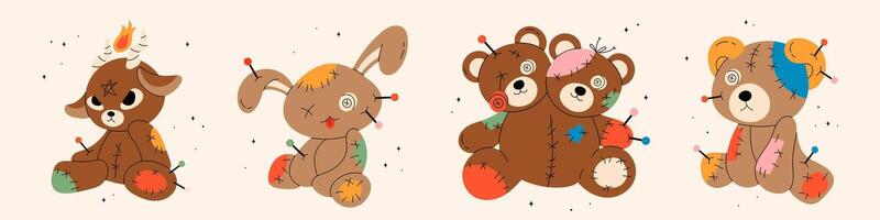 Set of Voodoo dolls with needles, pins, patches. Cute funny creatures. Flat style character. Hand drawn illustration. Isolated design elements. Rag, textile, fabric toy. Icon, print template vector