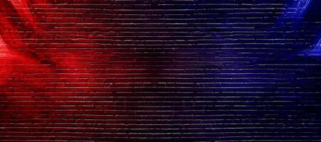 Dynamic Lighting Effects in Dark Studio with Red and Blue Gradient on Black Brick Wall photo