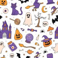 Halloween seamless pattern with doodles on white background. Cute textile print, wallpaper, digital background, stationary, wrapping paper, etc. EPS 10 vector