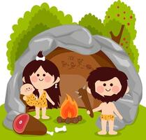 Neanderthal, prehistoric primitive homo sapiens people in stone cave. A man, a woman and a baby cavemen inside their cave standing next to the fire pit ready to cook the meat. vector