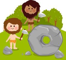 Cartoon cavemen carving a big stone and creating a wheel. First wheel invention and primitive people. vector