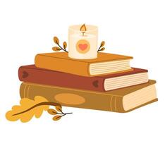 Stack of books and candle. Cozy pastime. Literature, dictionary, encyclopedia, planner with bookmarks. Colored flat illustration isolated on white background vector
