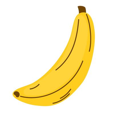 Fresh ripe banana in peel. Sweet tropical food icon. Natural exotic banan in yellow skin in doodle style. Raw vitamin. Colored flat illustration isolated on white background