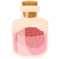 Magic potion with a brain. Alchemist bottle with elixir, poison, antidote. illustration magical laboratory ingredients in battle for poisoning vector
