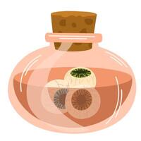 Magic potion with eyes. Alchemist bottle with elixir, poison, antidote. illustration magical laboratory ingredients in battle for poisoning vector