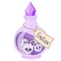 Magic potion with skulls. Alchemist bottle with elixir, poison, antidote. illustration magical laboratory ingredients in battle for poisoning vector