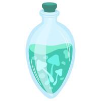 Magic potion with poisonous mushrooms. Alchemist bottle with elixir, poison, antidote. illustration magical laboratory ingredients in bottle for poisoning vector