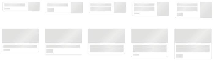 set of simple flat website card templates. Landing page wireframe, company site, e-commerce store, forum, social network, gallery, hosting, blog, news portal. Material design system vector