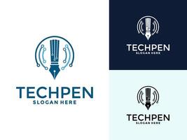 Tech Pen Logo . Pen Tech with tech network logo design template. vector