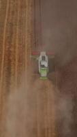 Harvester machine cutting the wheat in the farmland. Combine going through the dusty cloud from hay. Aerial view. video