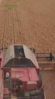 Modern harvester working in the field of dry wheat. Mowing mechanism rotating and cutting the crops. Top view. video