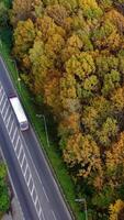 Road in autumn forest. Trucks and cars moving on a highway among beautiful scenery at fall season. Top aerial view. video