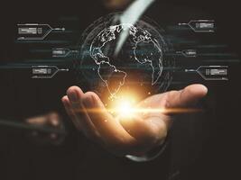 active business people global network hologram Internet connection from anywhere, long-distance connection photo