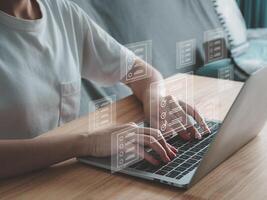 The concept of doing an online test or questionnaire icon. Choosing the correct answer Marking a question Through a digital virtual window Through the technology of everything photo