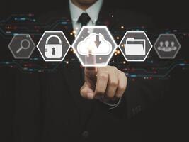Hands of business people choosing technology, cloud, digital, personal data connection. with safety Searching for information is convenient and easy. photo