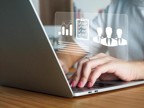 Businessman who is managing a meeting presentation of the team summarizing the team's performance Growth analytics, charts, statistics and data with digital technology. photo